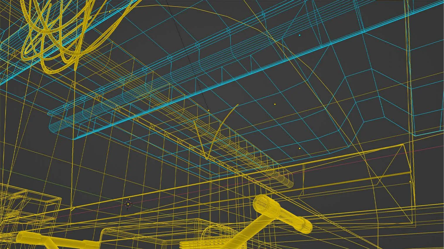Wireframe mesh of the 3D set in blue and yellow lines.