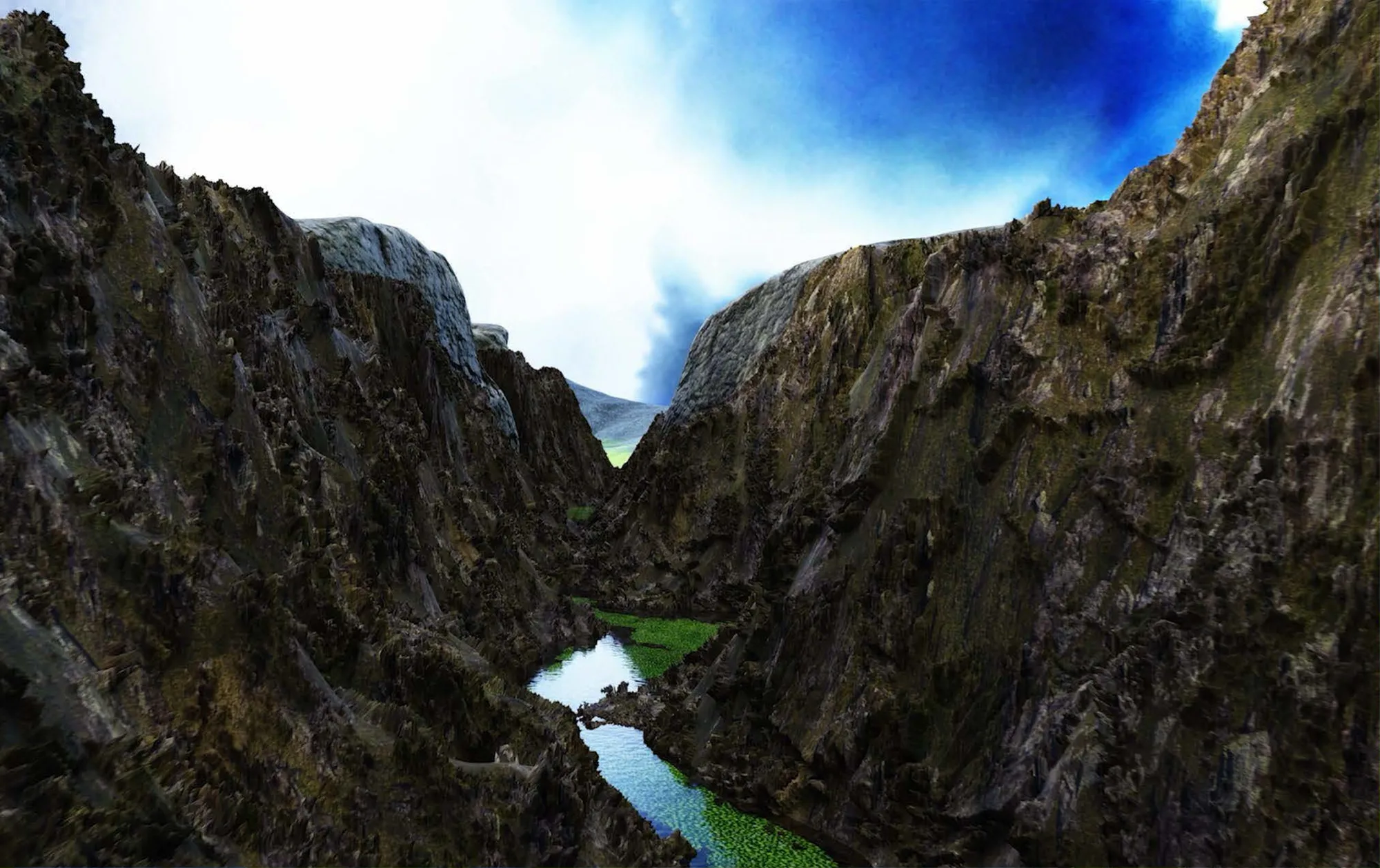 A narrow river canyon between steep mossy cliffs.