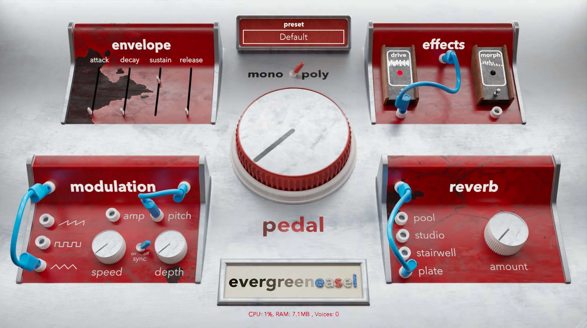 evergreen ease: red panels with envelope, modulation, effects and reverb controls around a big pedal knob.