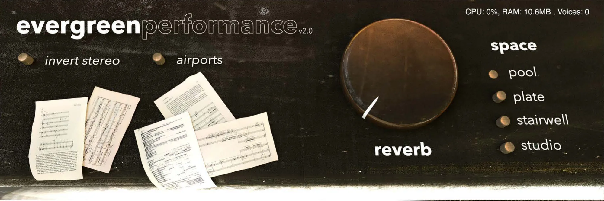evergreen performance: a dark panel scattered with sheet music.