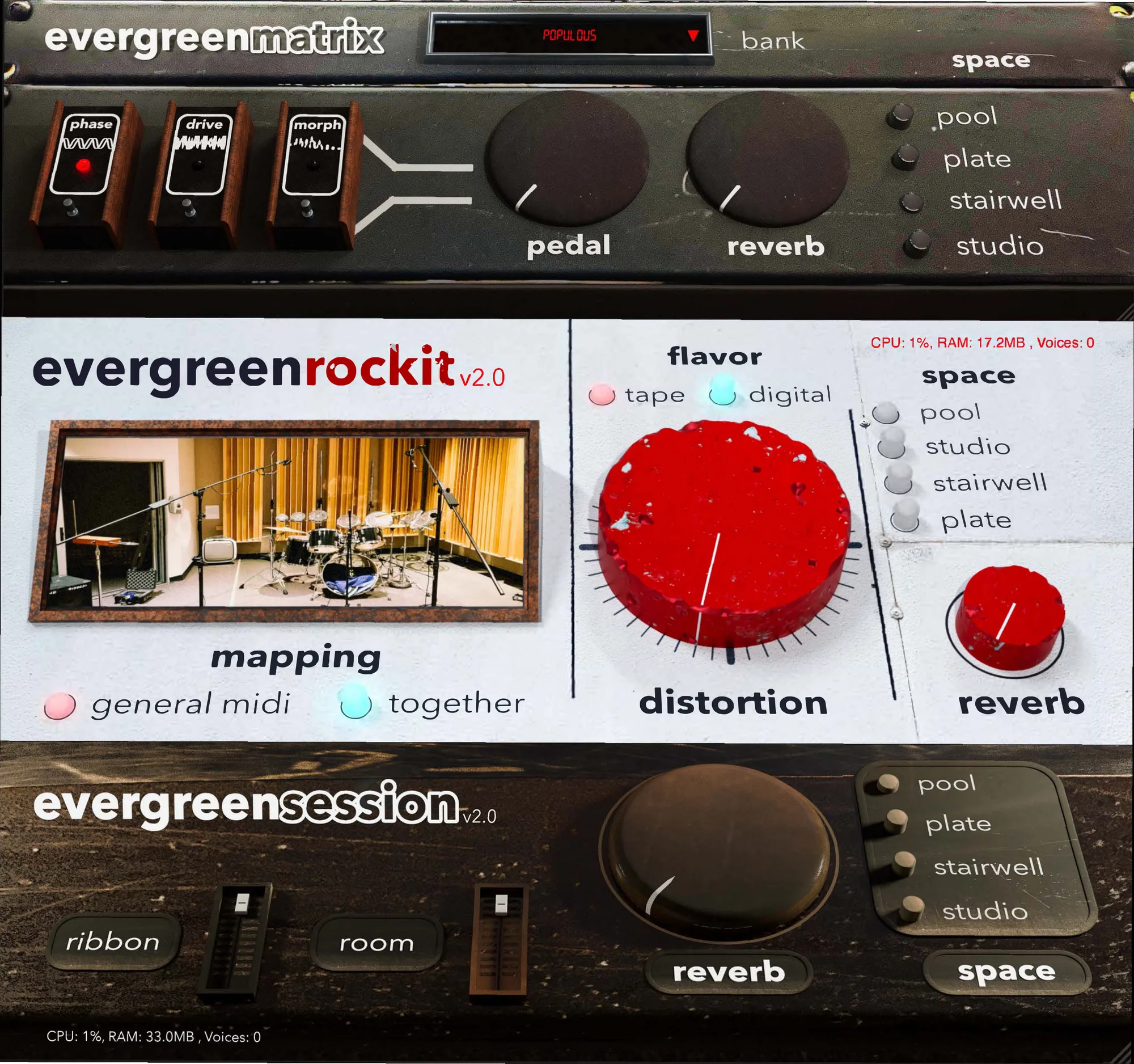 evergreen matrix, rockit and session stacked like rack units.