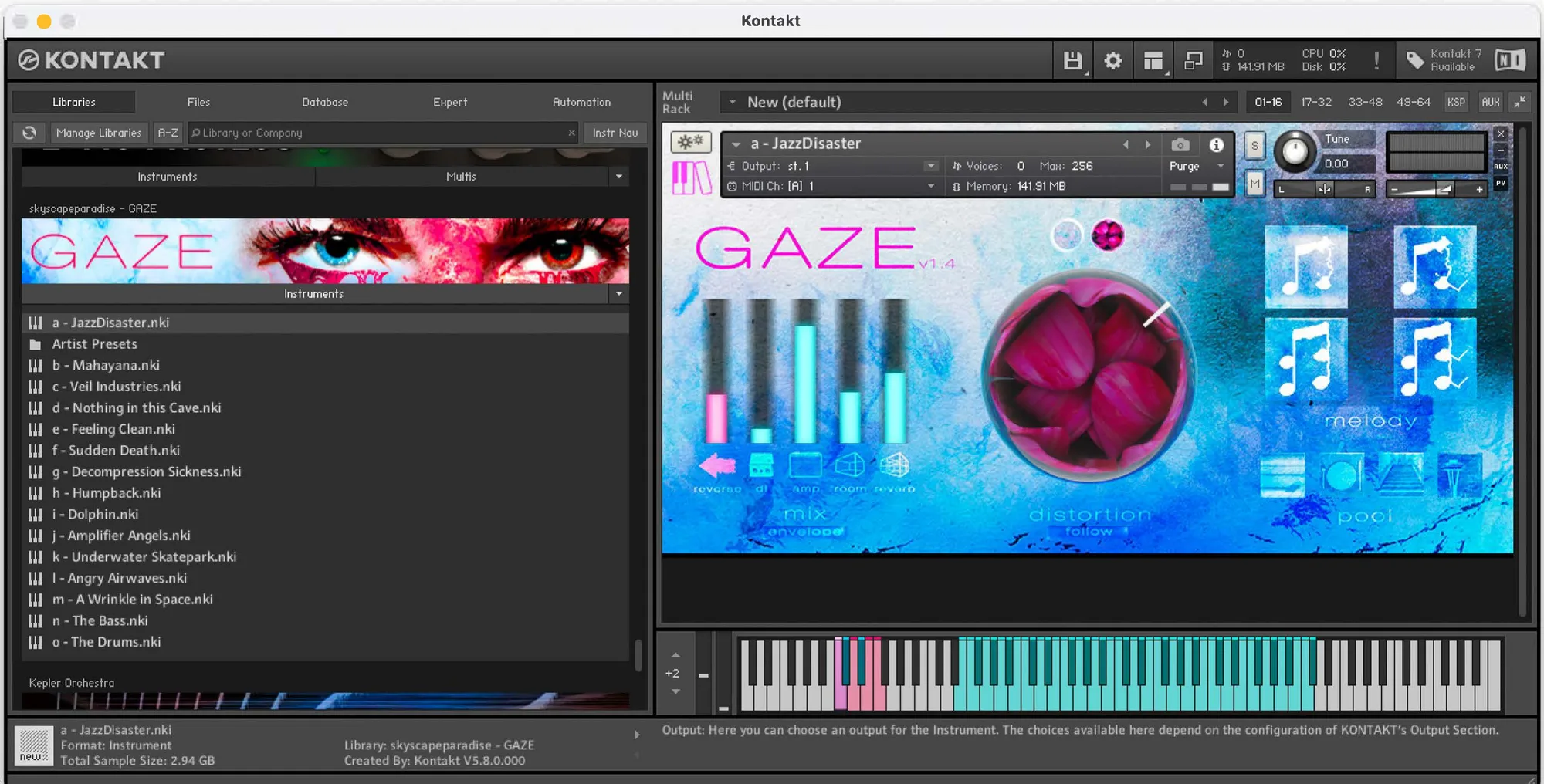 GAZE open in Kontakt: pink and cyan meters, a flower-shaped distortion control and a keyboard.