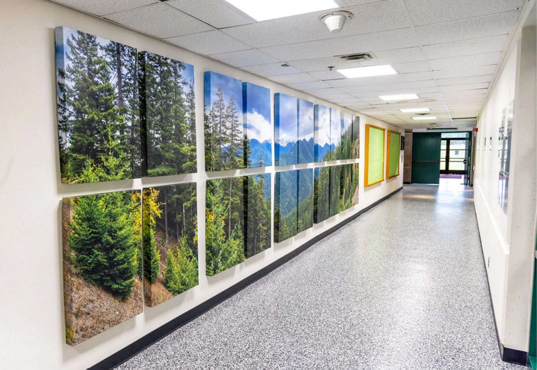 The panorama printed across a run of canvas panels along a hallway.